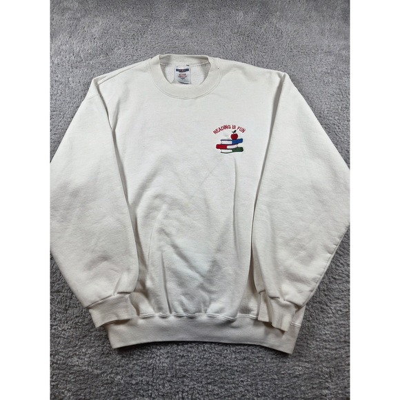Jerzees Other - Jerzees Sweatshirt Large Cream Unisex Reading Is Fun Books Embroidered Vintage